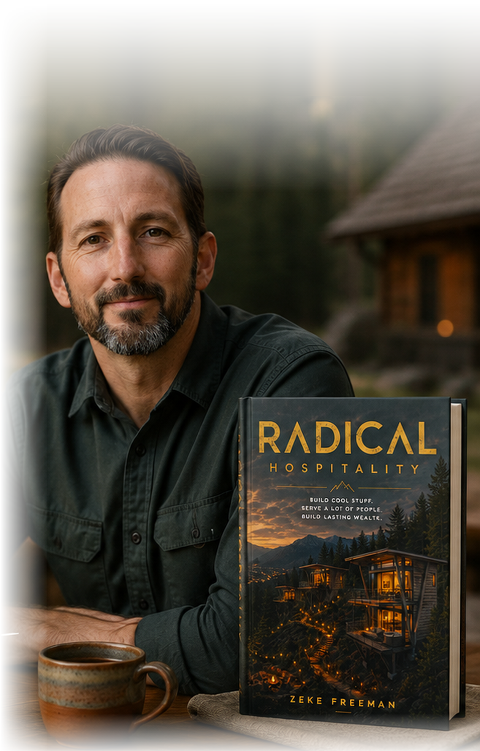 Zeke Freeman seated at a table with the Radical Hospitality book, a mountain lodge glowing behind him